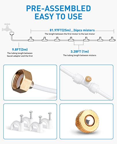 homenote Misting Cooling System, 92FT (28M) Misting Line + 26 Brass Mist Nozzles + Brass Adapter(3/4\") Misters for Outside Patio Cooling Garden Greenhouse Watering - Thumbnail 2