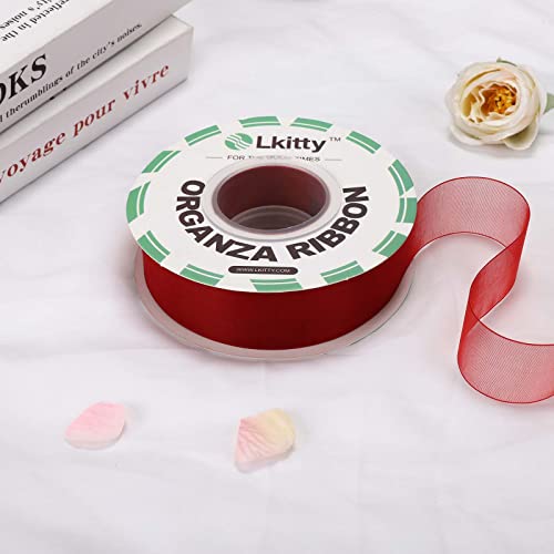 Lkitty 1 Inch X 50Yd/Roll Fabric Chiffon Organza Ribbon - Premium Quality Shimmer Sheer 100% Polyester Fiber Width:25Mm-(Red-250#) #TOP4