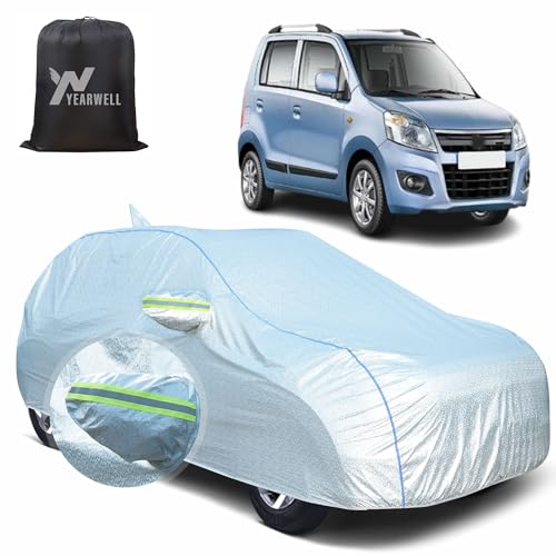 Image of Car Body Cover for Maruti Wagon R, 100% Waterproof, Heat-Resistant with Mirror & Antenna Pockets, Soft Cotton Lining, Triple Stitched, Piping & Reflector (Reflective Silver)