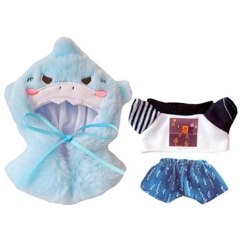 niannyyhouse 10cm-15cm Plush Doll Clothes Cape T-Shirt Jeans Shark Dinosaur Suit 17cm Doll Dress Up (Blue)