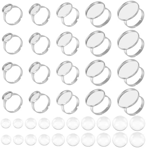 UNICRAFTALE 20 Sets Ring Making Kit - Adjustable Ring Bases With 20mm Glass Cabochons For DIY Jewelry