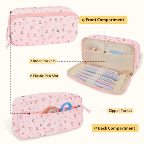 Image of FINPAC Pencil Case, Corduroy Triangle Makeup Bag, Kawaii Pen Bag Pouch Holder Box Organize for Study, Office, or Travel (Pink Rose Bow 2)
