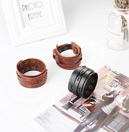 Finrezio 3 Pcs Leather Cuff Bracelets For Men Women Punk Rock Braided Bracelet Warp Brown Black Wristbands Handmade Jewelry #TOP5