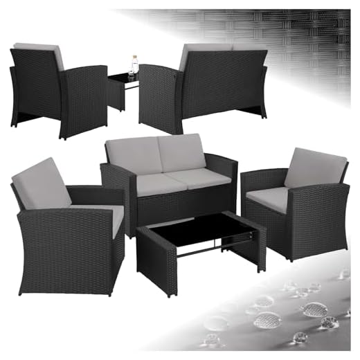 TecTake® Salon de Jardin Exterieur en Résine ressée 4 Places Table de Jardin, 1 Canapé de Jardin, 2 Fauteuil Jardin, Coussins Inclus, Mobilier de Jardin pour Amenagement Balcon - Noir/Gris