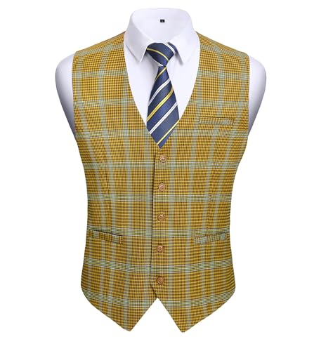 HISDERN Mens Suit Vest Formal Yellow Plaid Dress Waistcoat for Men Business Slim Fit Vests with 3 Pocket Vest for Suits or Tuxedo