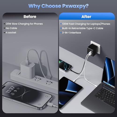 Image of 130W USB C Wall Charger,GaN III 3-Port Fast Charging Station,PD QC Foldable Charger Block Portable 65W USB C Laptop Adapter for MacBook Pro /Air,iPad Pro,Galaxy S23,Dell XPS,iPhone 16