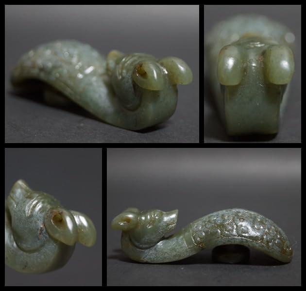 古代 和田玉(ホータン)細工彫り古代龍首帯勾 根付 緒締玉 提げ