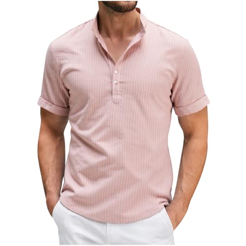 Image of Grandad T Shirt for Men UK Casual Short Sleeve Mock Neck Mens Henley T Shirts Striped Cotton Linen Summer Tshirt Lounge Beach Tee Holiday Comfy Collarless Shirts Pink