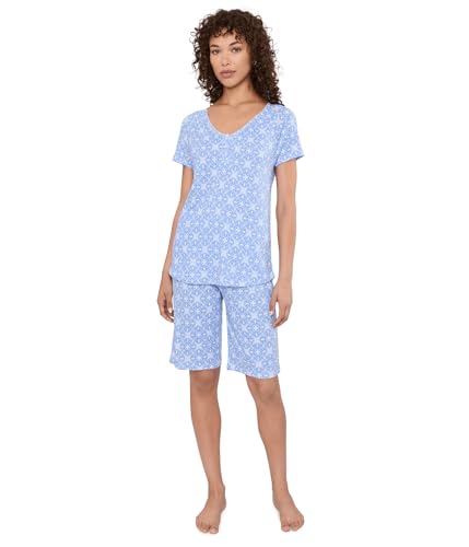 Karen Neuburger Womens Short Sleeve Henley Top and Bermuda Short Set with Picot Trim Medallion Geo X-Large