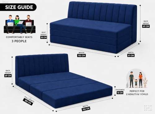 Image of Three Seater Sofa Bed, Velvet Fabric Foldable Sofa Cum Bed with Soft Foam Cushioning, Convertible Floor Couch for Living Room, Guest Room & Home Use (Blue, Pre-Assembled)