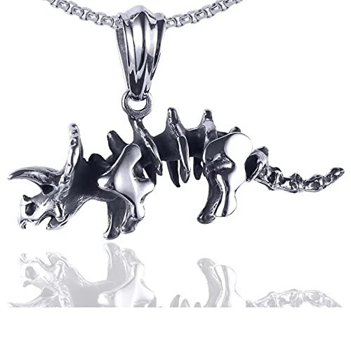 Xusamss Punk Rock Titanium Steel Dinosaur Skeleton Triceratops Pendant Necklace,24inches Chain