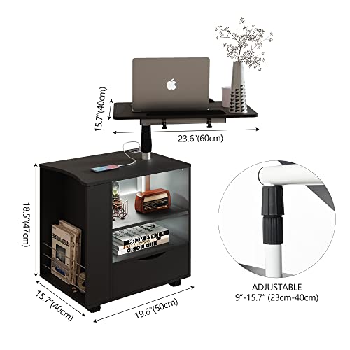 Dnbss Nightstand With Charging Station And Led Lights, Modern Bedside Table, Black Night Stand, End Side Table With 360° Laptop Tray, Storage Shelf, Drawer For Bedroom #TOP7