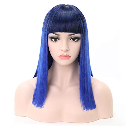 Duacorn Straight Hair Wigs with Bangs Ombre 2 Tone Color Black to Blue Synthetic Hair Wigs Heat Resistant Costume Cosplay Daily Wig for Women 16inch