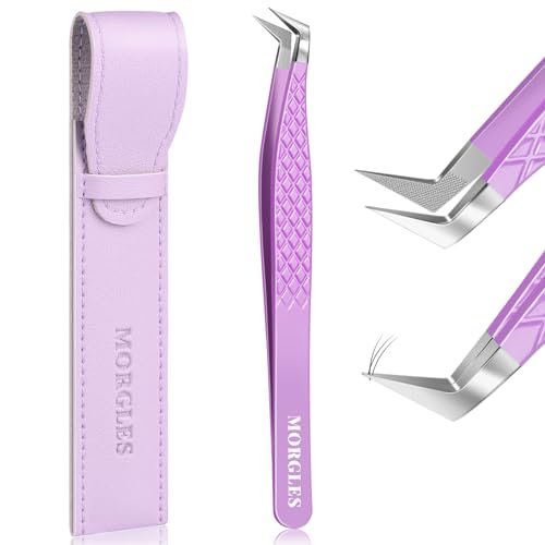 MORGLES Lash Tweezers for Eyelash Extensions, 90 Degree Fiber Tip Eyelash Extension Tweezers for Volume Lashes with Bag, Purple