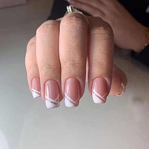 Vatocu Square French False Nails Short Pink White Press on Nails Glitter Lines Fake Nails Acrylic Stick on Nails for Women and Girls (24pcs) Cover