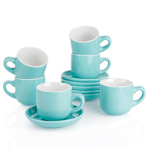 Teocera Porcelain Cappuccino Cups with Saucers - 6 Ounce for Coffee Drinks, Latte, Cafe Mocha and Tea - Set of 6, Turquoise
