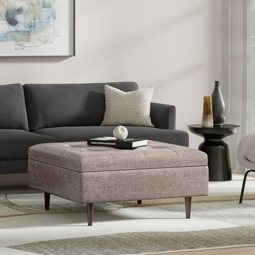 SIMPLIHOME Shay 38 inch Wide Mid Century Modern Large Square Coffee Table Storage Ottoman in Distressed Grey Taupe Vegan Faux Leather, Assembled, for The Living Room, Entryway and Family Room