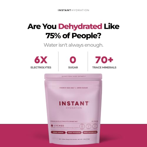 Image of Instant Hydration Sugar Free Electrolytes Powder Packets - Lychee Electrolyte Drink Mix & Travel Essentials - Post Workout Recovery, Brain Health, Muscle & Tissue Support - 20 Sticks