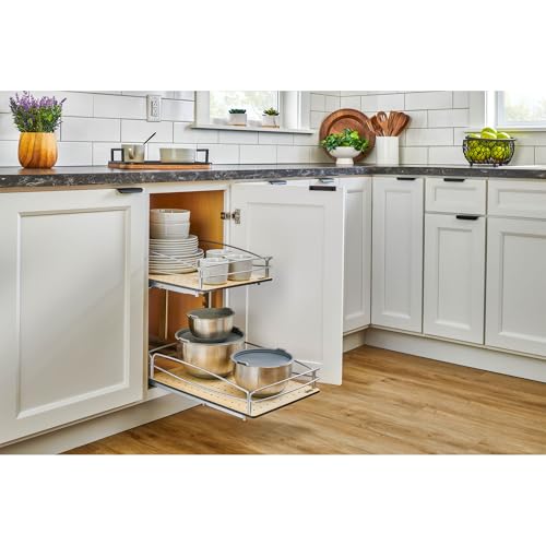 Image of Rev-A-Shelf 2 Tier Pull Out Kitchen Cabinet Storage Organizer with Solid Bottom & Undermount Soft-Close Full Extension Slides, 54BK-18SC-2-1