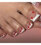 24Pcs Heart Press on Toenails Short Square French Tip Fake Toe Nails with Diamond Valentine's Day...