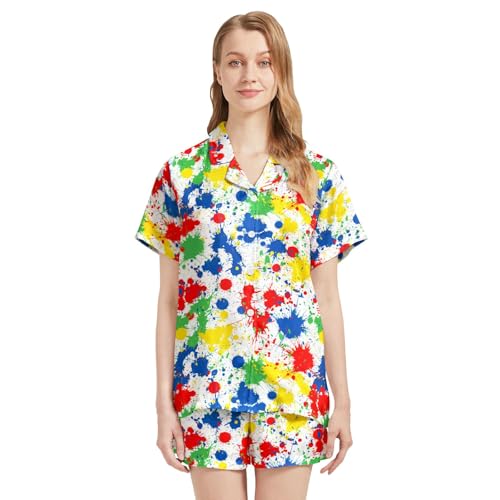 Image of Silk Satin Pajama Set for Women Summer Lounge Pjs Sets 2 Piece Suit Ladies Button Down Tops And Shorts Sleepwear