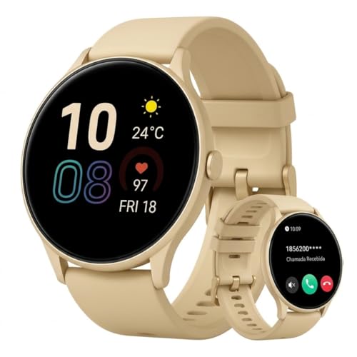 Relógio Smartwatch Redondo Feminino - Tela HD1.28', À Prova d'Água IP68, Notificações, Modos Esportivos, Bateria Excelente duração, Compatível com iOS/Android.(Bege)