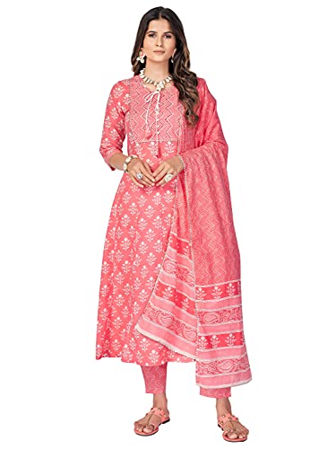 Image of Vbuyz Women's Printed & Handwork Anarkali Cotton Kurta with Pant & Dupatta | Kurta Set For Women | Suit Set For Women | Kurti Dress Set | Cotton Fabric Set