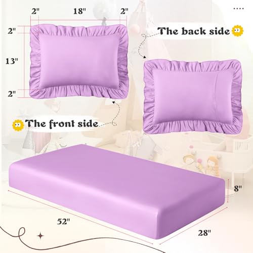 Image of KKJIAF 3 Piece Toddler Sheet Set Microfiber, Includes a Flat Sheet, a Fitted Sheet and a Ruffle Pillowcase, Light Purple