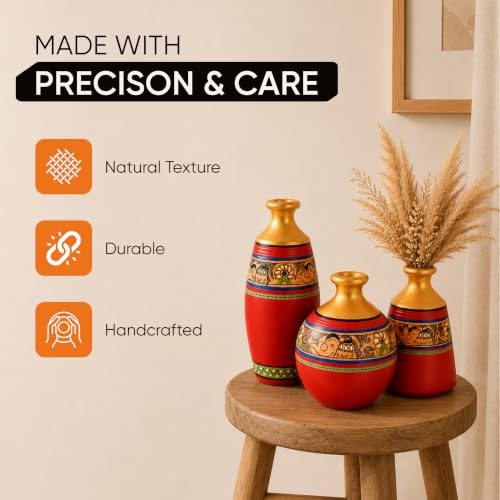 Image of Aakriti Art Creations Vase Earthen Red Madhubani Set of 3 | Hand-Painted Terracotta Flower Vases | Matte Finish Decorative Vases for Living Room, Table Decor & Gifting