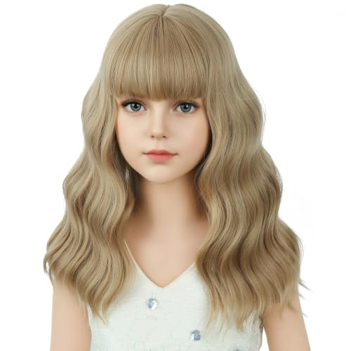Image of Ash Blonde Wig Short Blonde Wavy Curly Wigs Wig with Air Bangs Synthetic Cosplay Hair Wigs