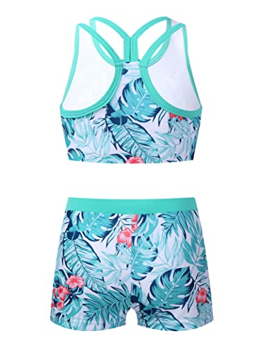Kids Girls 2 Piece Sports Gymnastics Dance Outfits Crop Tank Top with Booty Shorts Active Workout Sets Turquoise 10 Years2
