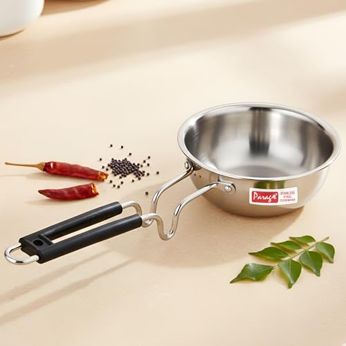 Image of Parage 1 Pc Triply Stainless Steel Tadka Pan 500ml with Heat Resistant Handle | Tripure | Small Deep Tempering Pan for Dal, Ghee & Curry | Durable Steel Tadka Pan for Indian Cooking (13 cm Diameter)