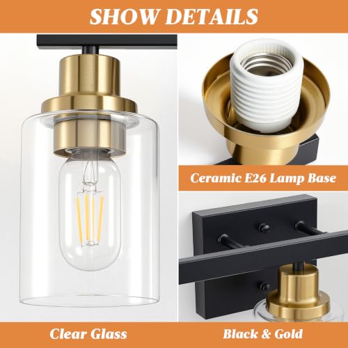 Image of 3-Light Bathroom Light Fixtures,Black and Gold Vanity Lights 17 inch | Modern Wall Sconce Lighting,Vanity Light Over Mirror with Clear Glass Shade,Farmhous Wall Mounted for Bathroom,E26 Base