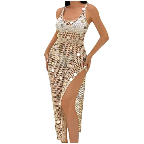 Crochet Swimsuit Cover Up Women Sexy Sequin Dress Fishnet High Slit Knit  Dress Maxi Tank Dresses Beach Bikini Coverup Beige at Amazon Women's  Clothing store