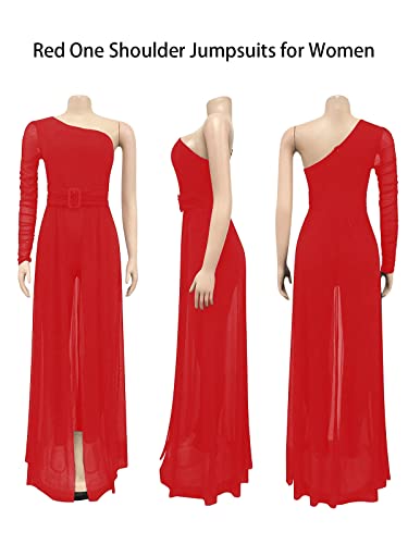 Chicyes Women's One Shoulder Jumpsuits Sexy High Waist Sheer Mesh Overlay Bodycon One Piece Rompers Red #TOP4
