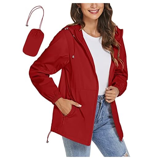 TCOT Jaqueta feminina impermeável corta-vento leve e portátil, Vermelho, M