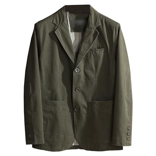 Men's Casual Notched Lapel Collar Coat Washed Fit Three-Buttons Blazer Jackets Vintage Style Sport Cotton Suit Jacket, Military Green, Medium