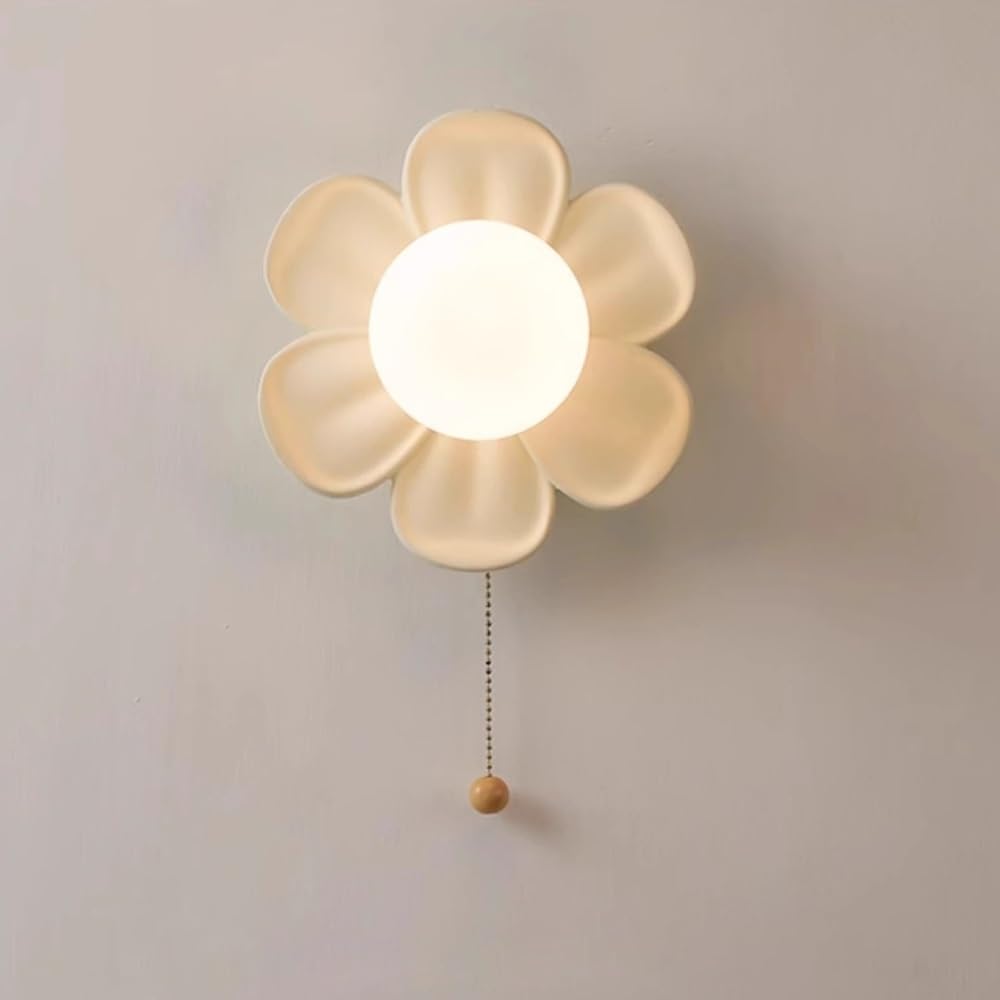COSRUB Nordic Flower Wall Sconce, Resin Bedside Wall Lamp with Pull Chain