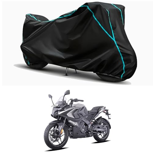 Image of Waterproof Bike Body Cover Compatible for | Bajaj Pulsar RS 200 BS6 | Taffeta Fabric, Sky Piping Design, Bottom Elastic Fit | Dustproof, Sun UV & Rain Protection for All Weather.