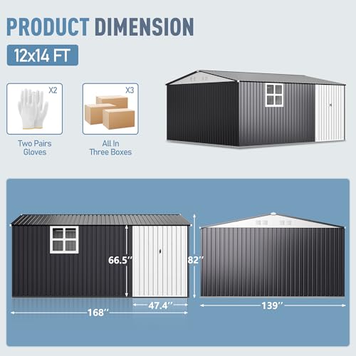 Image of AirWire 14x12 FT Outdoor Metal Storage Shed with Window, Heavy-Duty Galvanized Steel Tool Shed with Lockable Doors, Waterproof Garden Shed for Backyard, Patio, Lawn, Black