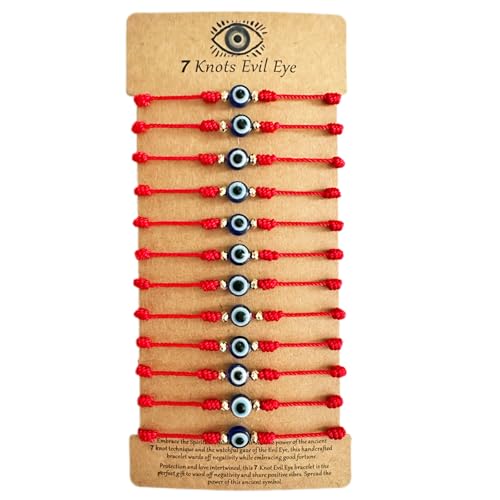 BONITTER Evil Eye Protection Bracelet Set 12 Pack Adjustable Red 7 Knot Lucky String Amulets Black and Pink Friendship Bracelets for Women Men Boys Girls (12 Red) (Red)