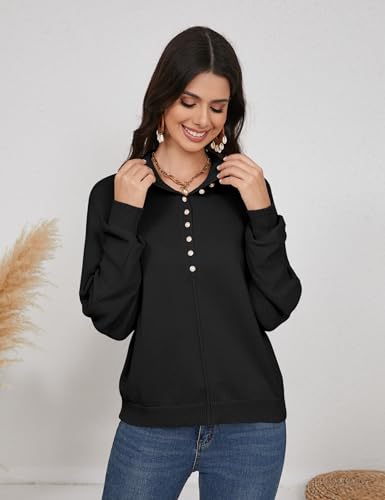 Image of SPR&JOY Women's Batwing Long Sleeve Knit Sweaters, Button Up V Neck Casual Pullover, Lapel Collar Oversized Solid Jumper Tops