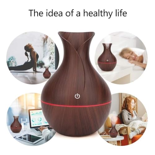 Image of Aroma Diffuser Humidifier with LED Light Ring, Wood Grain Design, USB Powered Mist Diffuser for Essential Oil and Water (Light Brown Vase)