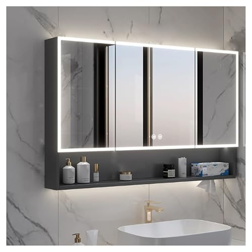 Armadietto per medicinali a LED, moderno, con specchio anti-appannamento sopra il WC, elegante scaffalatura da parete per oggetti essenziali per il bagno, design salvaspazio