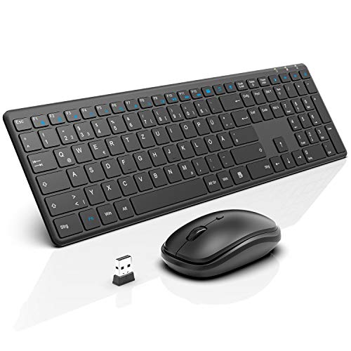 WisFox Tastatur Maus Set Kabellos, 2.4G Ultra Dünn Fortgeschrittene Leise Tastatur Maus Kabellos Combo mit USB Nano Empfänger für Windows, Computer, Desktop, PC, Laptop Mac - Deutsches