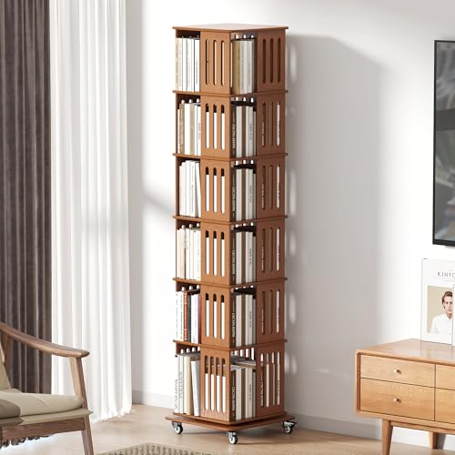 Qriocioa 6-Tier Wood Square Rotating Bookshelf Tower Corner Revolving Bookcase