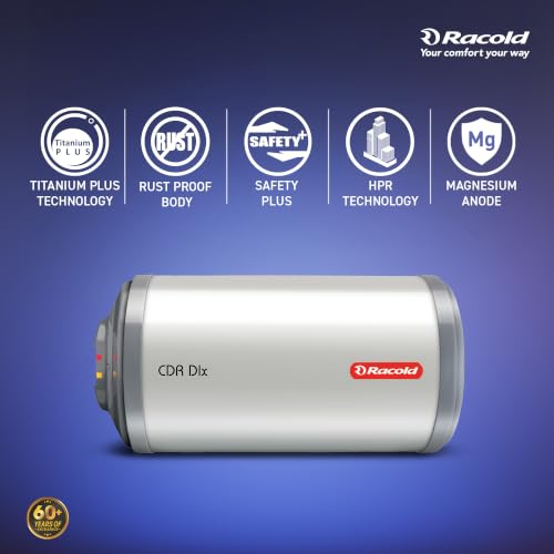 Image of Racold CDR DLX 25ltr Horizontal (LEFT SIDE) Water Heater|Fits Under False Ceilings|Free Standard Installation & Pipes| Warranty:7 Yr Tank, 3 Yr Element, 2Yr Product