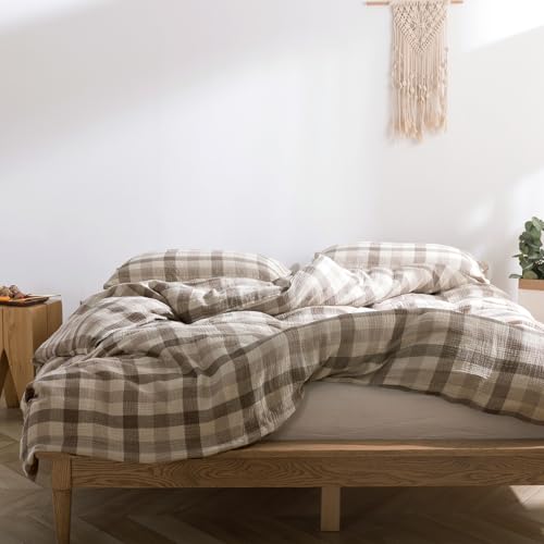 Image of VM VOUGEMARKET King Duvet Cover Set Beige Grey Plaid Bedding Set Soft Breathable 3 Layers Muslin Cotton Linen Like Gauze Comforter Cover with Zipper Closure-3 Pieces,104 inchx90 inch