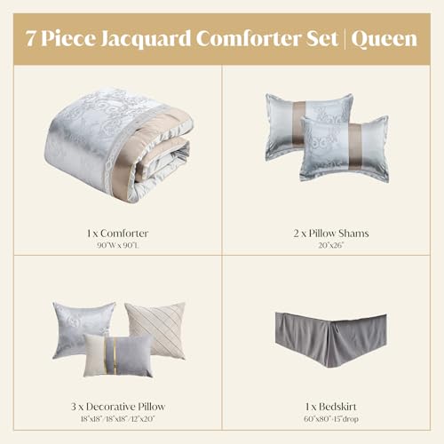 Image of CozyDH Silver Grey Queen Comforter Set - Luxury 7 Piece Light Gray Jacquard Damask Silky Bed in a Bag, Modern All Season Down Alternative Bedding with Bed Skirt, Shams, Decorative Pillows