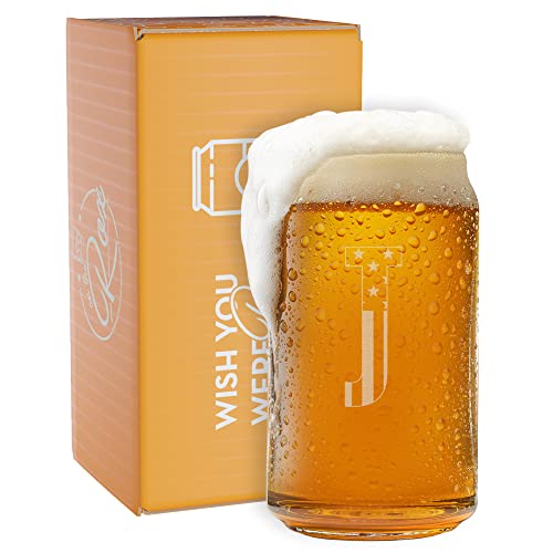 Monogram Beer Glasses for Men (A-Z) 16 oz - Beer Gifts for Men Brother Son Dad Neighbor - Unique Christmas Gifts for Him - Personalized Drinking Gift Beer Glass Mugs - Engraved Beer Can Glass ( J )
